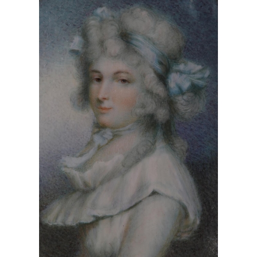 174 - A 19TH CENTURY PORTRAIT MINIATURE OF AN 18TH CENTURY LADY, half length, wearing a white gown with ru... 