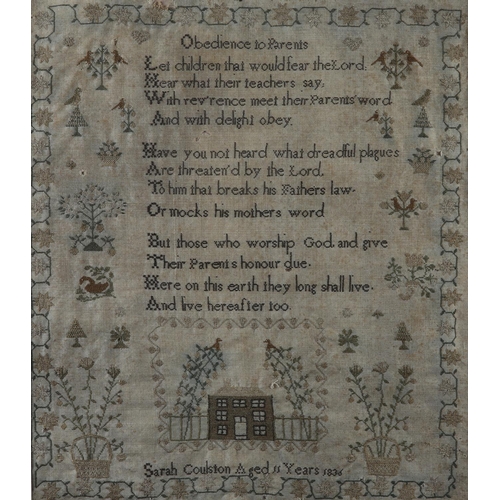 29 - AN EARLY 19TH CENTURY SAMPLER worked by Sarah Coulston Aged 11 Years 1836, in shades of brown and ol... 