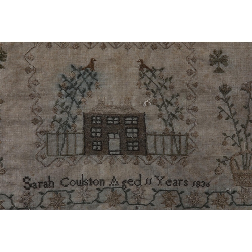 29 - AN EARLY 19TH CENTURY SAMPLER worked by Sarah Coulston Aged 11 Years 1836, in shades of brown and ol... 