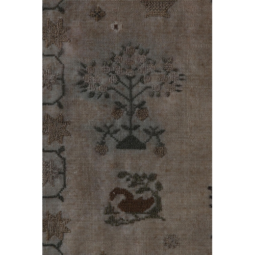 29 - AN EARLY 19TH CENTURY SAMPLER worked by Sarah Coulston Aged 11 Years 1836, in shades of brown and ol... 