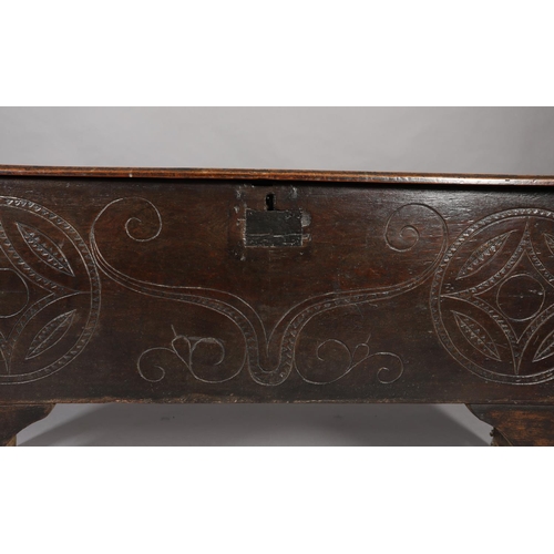 273 - A LATE 17TH CENTURY OAK JOINED CHEST, having a twin plank top with moulded and lined rim, the front ... 