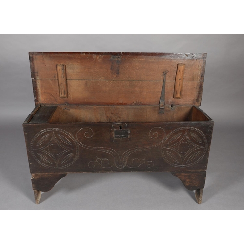 273 - A LATE 17TH CENTURY OAK JOINED CHEST, having a twin plank top with moulded and lined rim, the front ... 
