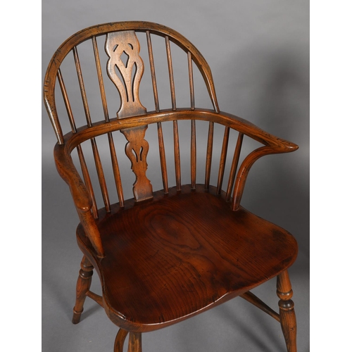 283 - A PAIR OF LOW BACK ELM WINDSOR ARMCHAIRS BY BATHEASTON, railed backs, shepherd's crook arm uprights,... 