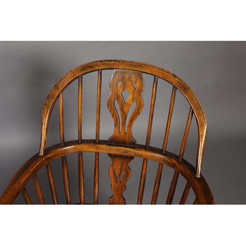 283 - A PAIR OF LOW BACK ELM WINDSOR ARMCHAIRS BY BATHEASTON, railed backs, shepherd's crook arm uprights,... 