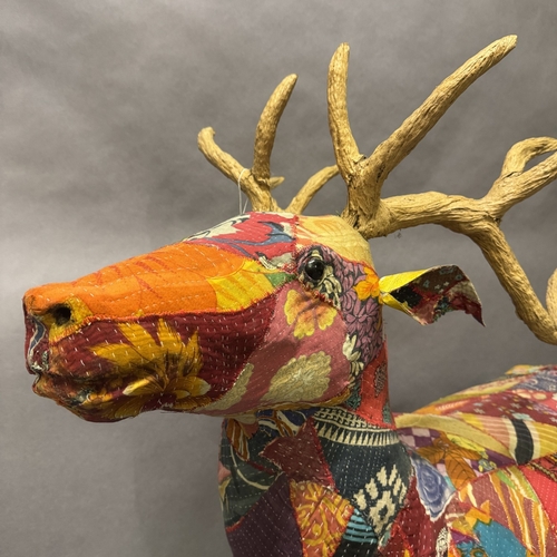 1 - Stag in multicoloured fabric patchwork, 140cm high x 140cm long