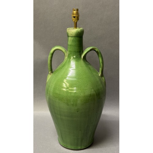 4 - Pair of green glaze twin handled  vase table lamp, 60cm high (2) Ref: 110629