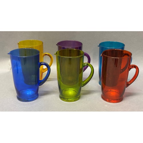53 - A set of six 'Stone the Crows!' glass pitchers in six colour ways, 21cm high (6) Ref: 561608