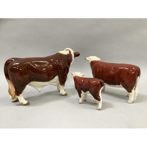 29 - A Beswick Hereford bull, heifer and calf group, the heifer marked 'Champion of Champions', all with ... 