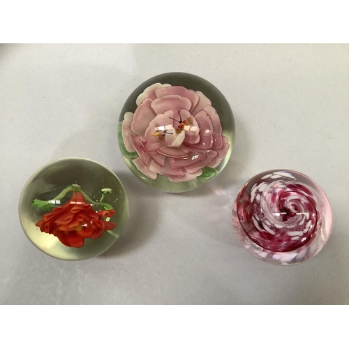 45 - A vintage clear glass paperweight enclosing a Camelia type flower head in shades of pink with two be... 