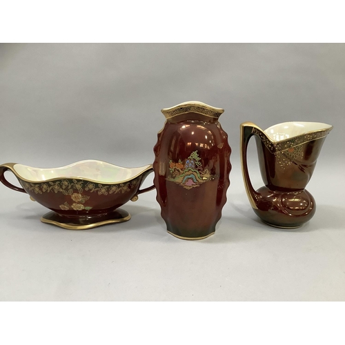 53 - Four items of Crown Devon Fielding's Rouge Royal including vase with ribbed sides, 15.5cm high, a le... 