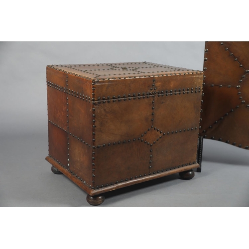 50B - An early 20th century mahogany, tan leather and close nailed coal box and firescreen, box 56cm wide ... 