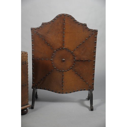 50B - An early 20th century mahogany, tan leather and close nailed coal box and firescreen, box 56cm wide ... 