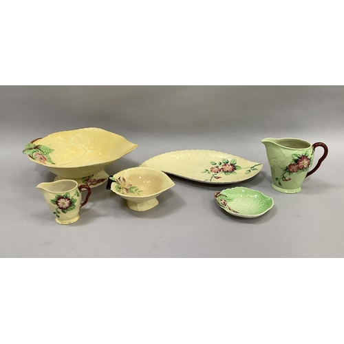 84 - Six items of leaf and flower moulded Carlton ware in yellow and green comprising pedestal dish, trin... 