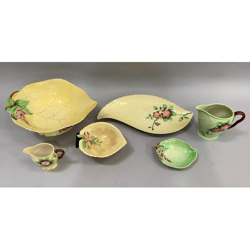 84 - Six items of leaf and flower moulded Carlton ware in yellow and green comprising pedestal dish, trin... 