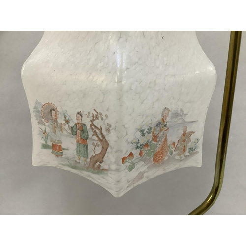 20 - An early 20th century brass and copper table lamp with white marbled glass shade printed in colour w... 