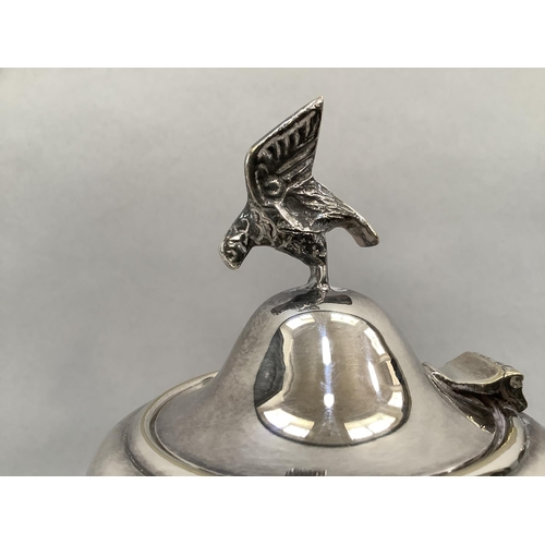 2 - A silver plated coffee pot, baluster form, with eagle finial, foliate C scroll handle, grotesque bir... 
