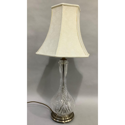 44 - A cut glass table lamp on metal base, 45cm high to the fitting, with shade