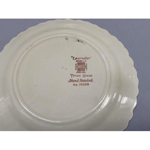 45 - An Adams Titian ware dinner service of Lancaster pattern painted in shades of yellow, green, and fuc... 