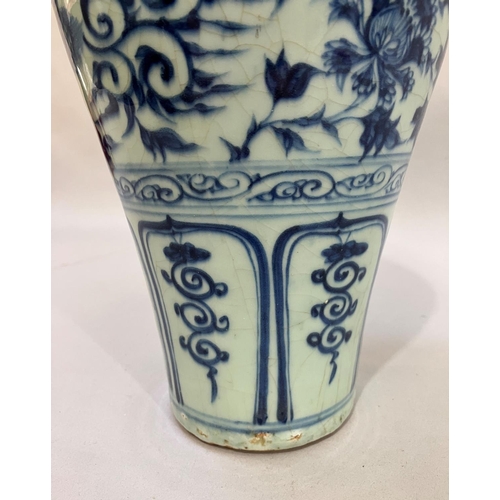 21 - A large Chinese reproduction yuan blue and white meiping vase painted with phoenix amongst peony, 35... 