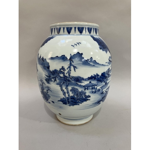 22 - A reproduction Chinese transitional period blue and white vase, the ovoid boy painted with an island... 