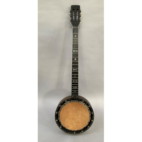 27 - A rosewood banjo, the fingerboard and frame inlaid with mother-of-pearl, 91.5cm long