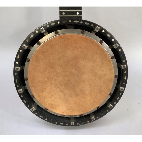 27 - A rosewood banjo, the fingerboard and frame inlaid with mother-of-pearl, 91.5cm long
