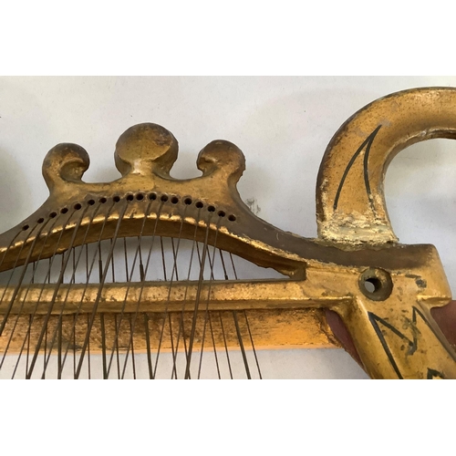 29 - A gilt metal lyre with wooden sound board, named Klingsor, 52cm x 35cm (welded repair to top scrolls... 