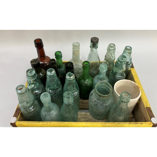 31 - A collection of cod and other pot bottles, a brown glass Tadcaster Tower Brewery York, a green glass... 