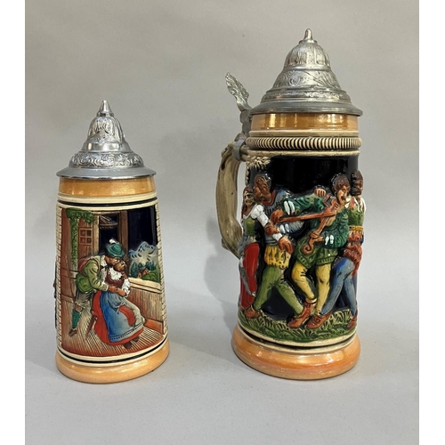 104 - Silver plated tray, wafer basket, loose cutlery, two steins, together with a quantity of table linen... 