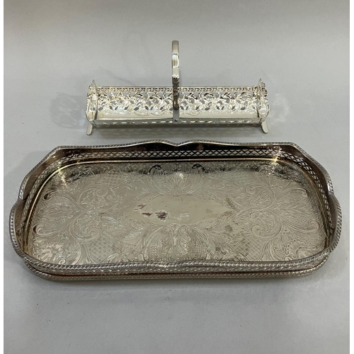 104 - Silver plated tray, wafer basket, loose cutlery, two steins, together with a quantity of table linen... 