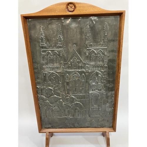 32 - A metal panel, possibly antimony, worked with a view of Selby Abbey West Front by E J Prangnell 1958... 