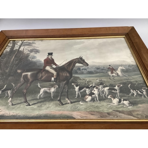 53 - 19th century colour hunting print of huntsman and hounds in a rolling landscape, mahogany frame with... 