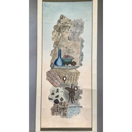 19 - Two modern Chinese scrolls painted in watercolour with  symbols, figures, and text