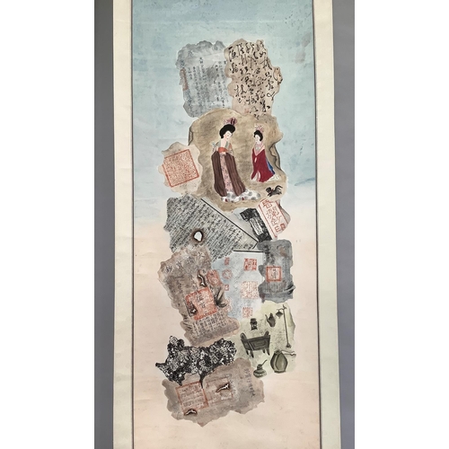 19 - Two modern Chinese scrolls painted in watercolour with  symbols, figures, and text