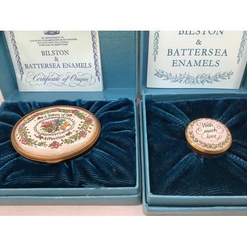 325 - Four Bilston and Battersea enamel boxes, A Token of Affection, With Much Love, Remember Me, and I Lo... 