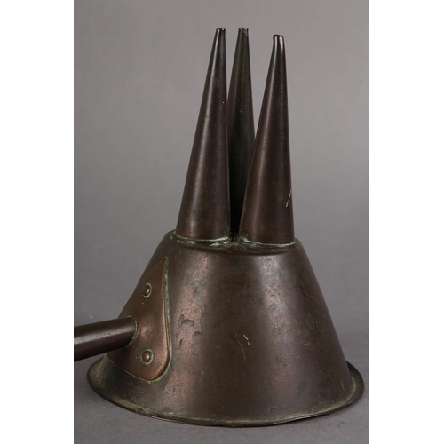 36 - AN EARLY 20TH CENTURY EGG THREAD FUNNEL, copper, tin lined on a turned treen handle, 29cm long