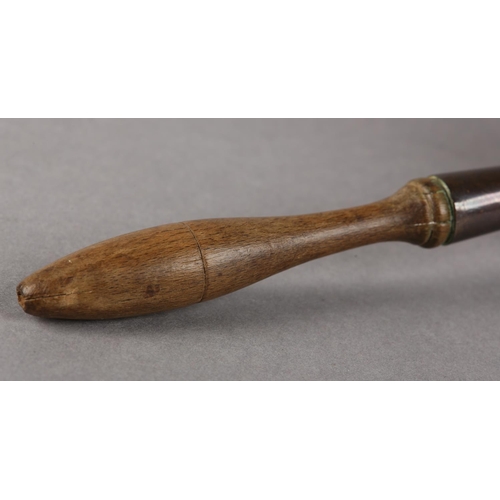 36 - AN EARLY 20TH CENTURY EGG THREAD FUNNEL, copper, tin lined on a turned treen handle, 29cm long
