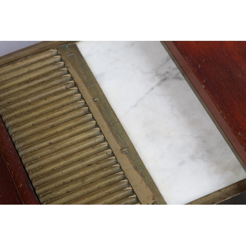 17 - A 19TH CENTURY MAHOGANY AND BRASS PILL MAKER inset with marble slab, 20.5cm wide x 35.5cm long