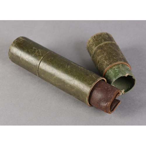 18 - A 19TH CENTURY GREEN LEATHER COVERED TRAVEL WRITING CASE of tube form, containing a leather quill wr... 