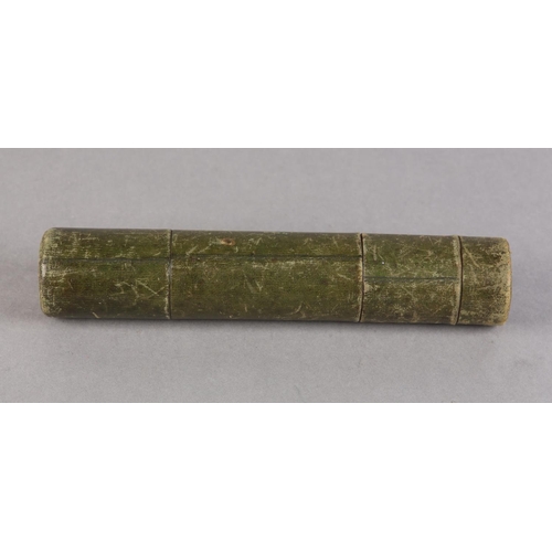 18 - A 19TH CENTURY GREEN LEATHER COVERED TRAVEL WRITING CASE of tube form, containing a leather quill wr... 