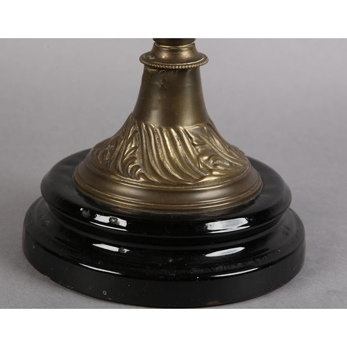 37 - A VICTORIAN BRASS OIL LAMP having an amethyst glass reservoir with amethyst tinted etched glass shad... 