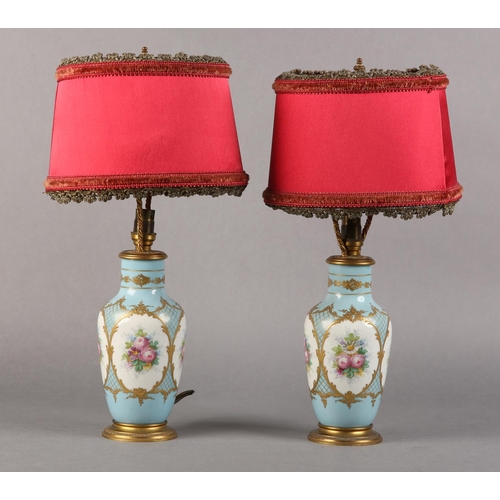 38 - A PAIR OF PALE BLUE AND GILT CHINA TABLE LAMPS painted in polychrome enamels with flowers within fou... 