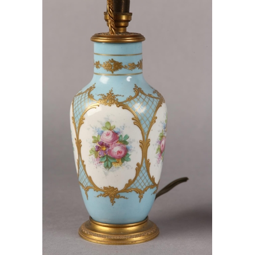 38 - A PAIR OF PALE BLUE AND GILT CHINA TABLE LAMPS painted in polychrome enamels with flowers within fou... 
