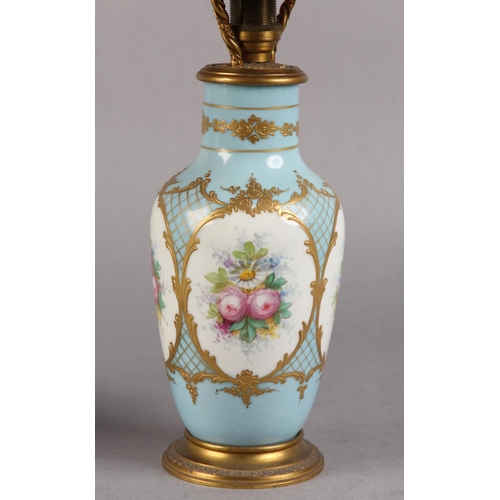 38 - A PAIR OF PALE BLUE AND GILT CHINA TABLE LAMPS painted in polychrome enamels with flowers within fou... 