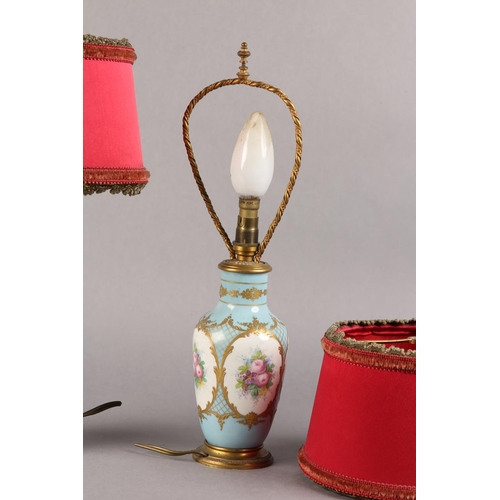 38 - A PAIR OF PALE BLUE AND GILT CHINA TABLE LAMPS painted in polychrome enamels with flowers within fou... 