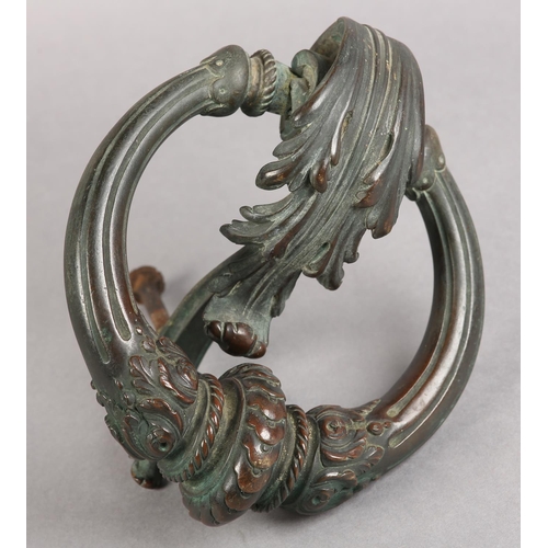 34 - A 19TH CENTURY BRONZE DOOR KNOCKER,  c1820, acanthus leaf capped reeded arms and acanthus strike pla... 
