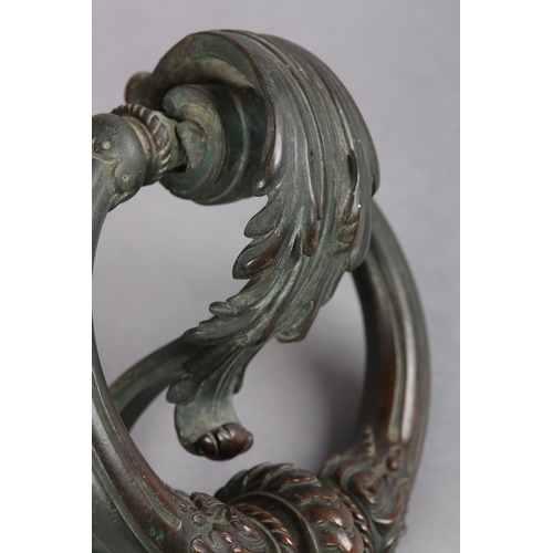 34 - A 19TH CENTURY BRONZE DOOR KNOCKER,  c1820, acanthus leaf capped reeded arms and acanthus strike pla... 