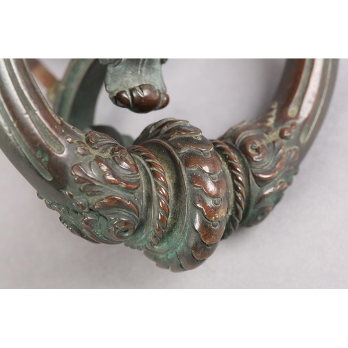 34 - A 19TH CENTURY BRONZE DOOR KNOCKER,  c1820, acanthus leaf capped reeded arms and acanthus strike pla... 