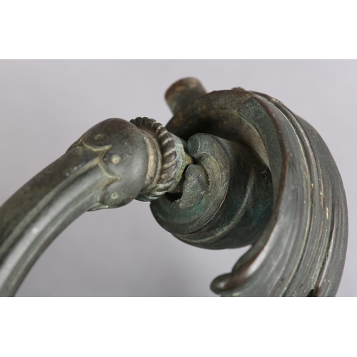 34 - A 19TH CENTURY BRONZE DOOR KNOCKER,  c1820, acanthus leaf capped reeded arms and acanthus strike pla... 