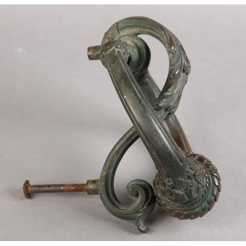34 - A 19TH CENTURY BRONZE DOOR KNOCKER,  c1820, acanthus leaf capped reeded arms and acanthus strike pla... 